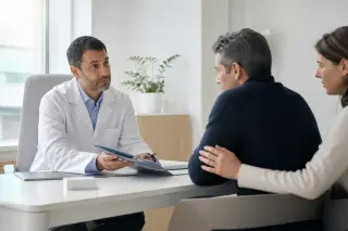 Un médecin en blouse blanche explique calmement un dossier médical à un patient adulte et à son accompagnant, dans un bureau de consultation sobre et bien éclairé, ambiance humaine et apaisante.