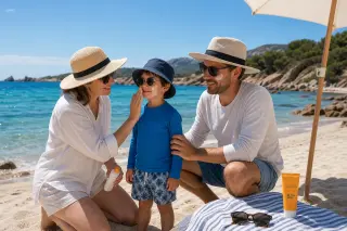Family on a sunny Mediterranean beach in Corse-du-Sud wearing sun-protective clothing and hats, applying sunscreen, with a beach umbrella and the sea in the background.