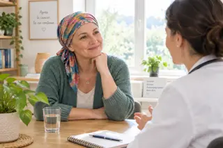 Femme survivante du cancer, souriante et assise avec une soignante dans un intérieur lumineux, ambiance bienveillante évoquant le soutien personnalisé après les traitements.