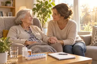 Femme adulte tenant la main d'une personne âgée assise dans un salon lumineux, exprimant le soutien familial face à la maladie.