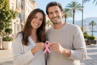Deux adultes tiennent un ruban rose dans une rue ensoleillée de Corse-du-Sud pour symboliser la mobilisation d’Octobre Rose.