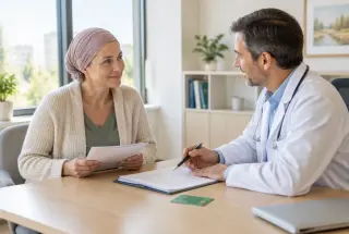 Une patiente échange avec son médecin au sujet de son dossier de soins et de sa prise en charge médicale.